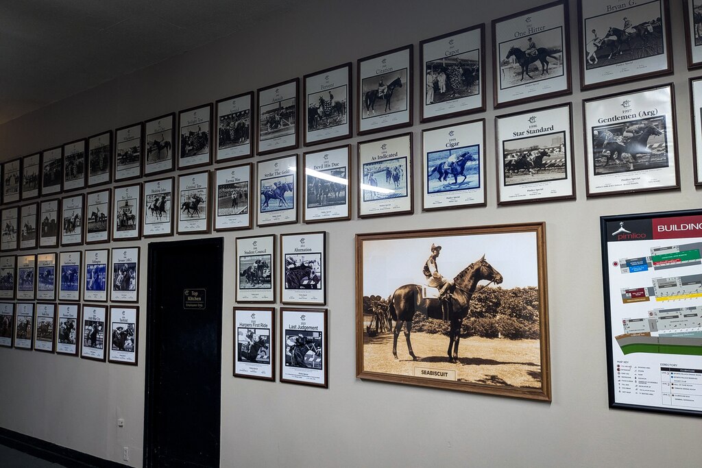 Photos of the winners of the Pimlico Special are displayed on the third floor of the clubhouse at Pimlico Race Course.