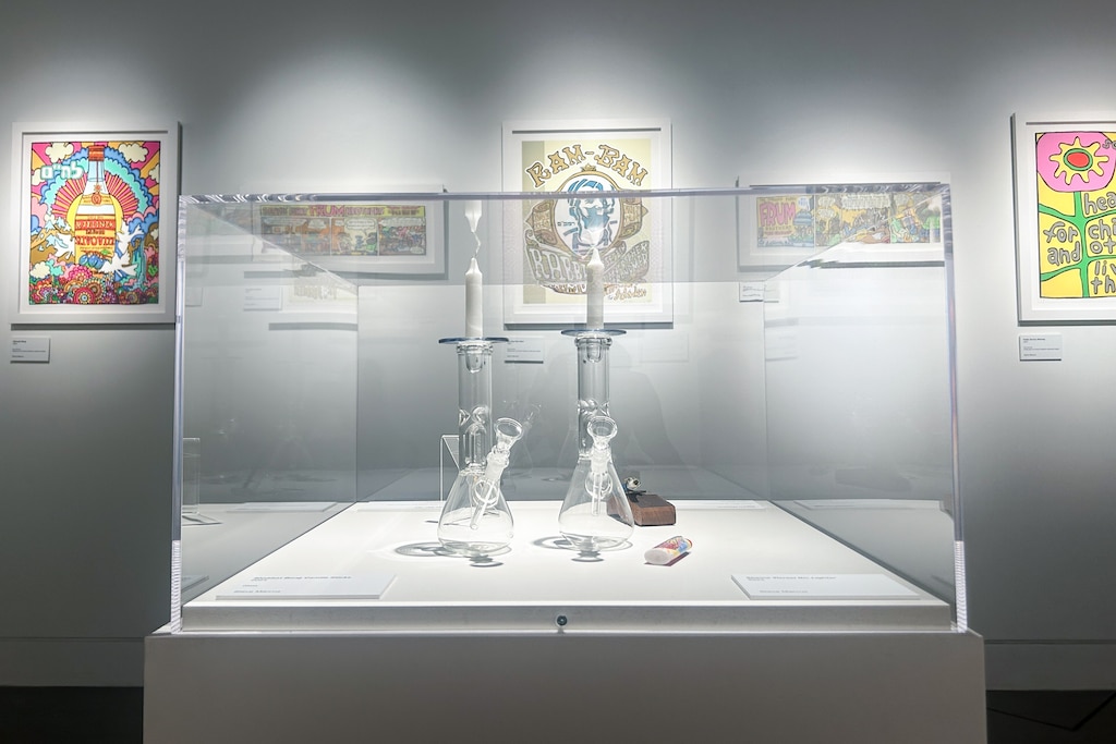 “Shabbat Bong Candle Sticks” are displayed in the Jewish Museum of Maryland’s new exhibit, “Psychedelicatessen: A Powerful Dose of Art,” by New York artist Steve Marcus.