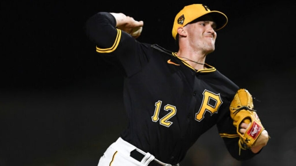 BRADENTON, FLORIDA - MARCH 14, 2024: Patrick Reilly #12 of the Pittsburgh Pirates throws a pitch during the sixth inning of a spring training Spring Breakout game against the Baltimore Orioles at LECOM Park on March 14, 2024 in Bradenton, Florida. (Photo by George Kubas/Diamond Images via Getty Images)