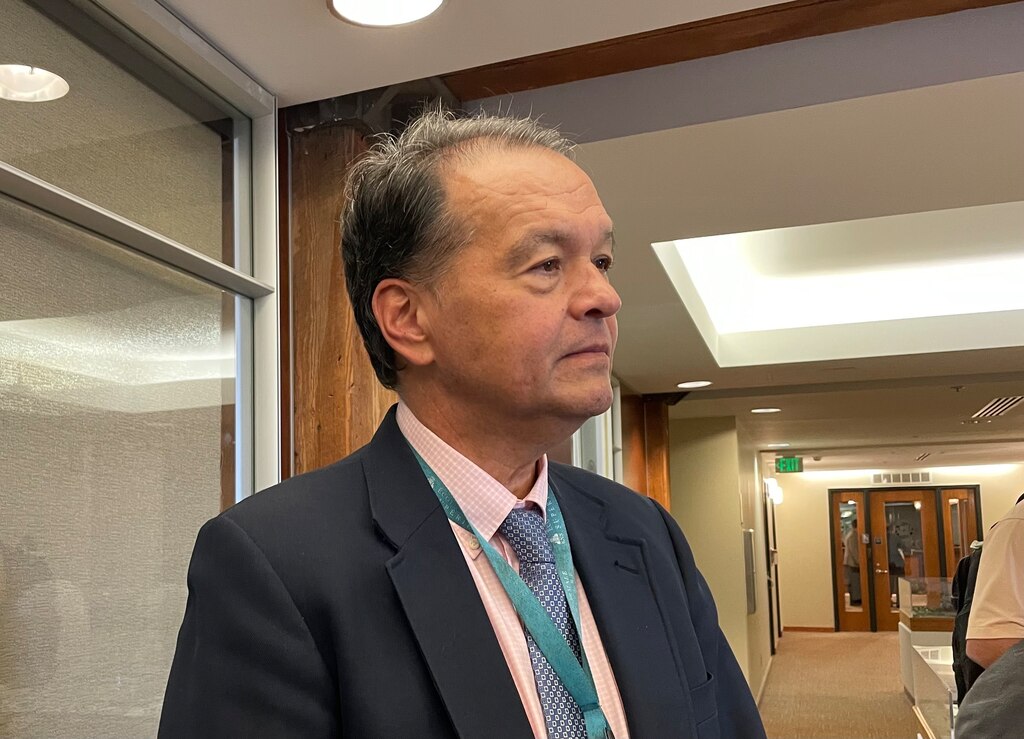 Michael Frenz, executive director of the Maryland Stadium Authority, speaks to reporters following an authority board meeting in the B&O Warehouse at Camden Yards on Tuesday, Dec. 5, 2023. The state and the Orioles have still not finalized a new lease.