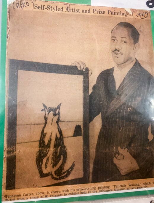 A 1949 AFRO American newspaper clip highlighting Tennyson Carter’s artwork selected for an exhibit at the Baltimore Museum of Art.
