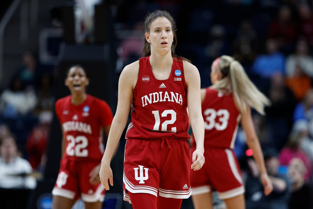 ALBANY, NEW YORK - MARCH 29: Yarden Garzon #12 of the Indiana Hoosiers looks on late in the second half against the South Carolina Gamecocks in the Sweet 16 round of the NCAA Women's Basketball Tournament at MVP Arena on March 29, 2024 in Albany, New York. (Photo by Sarah Stier/Getty Images)