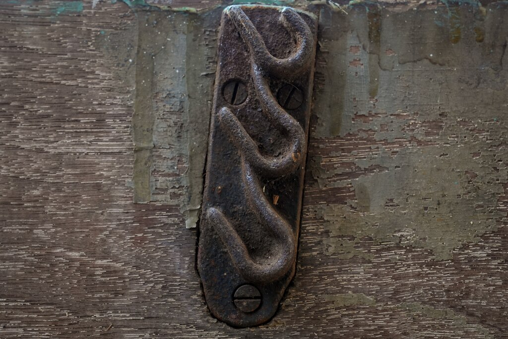 Hook shaped pieces of metal attached to the inside of Mathilda Lorenz’s empty casket on July 28, 2022. The mysterious casket was originally found down by a stream in Wyman Park.