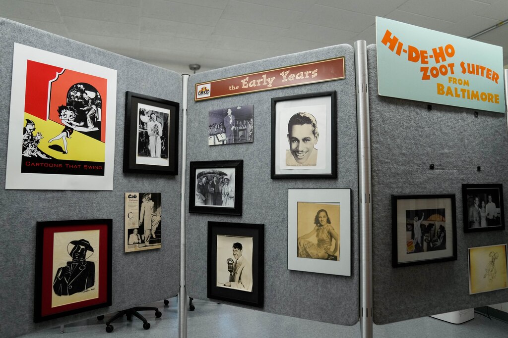 Cab Calloway cutouts, framed photos and newspaper clippings seen on display at Frederick Douglass High School in Baltimore, Md. on Friday, May 9, 2025. A construction crew was able to break through a safe-like door in the school that had a combination code no one knew.