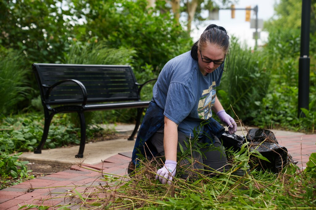 Friday, July 18, 2025 — Robyn Jones places uprooted plants in a trash bag at Oriole Park in Camden Yards.