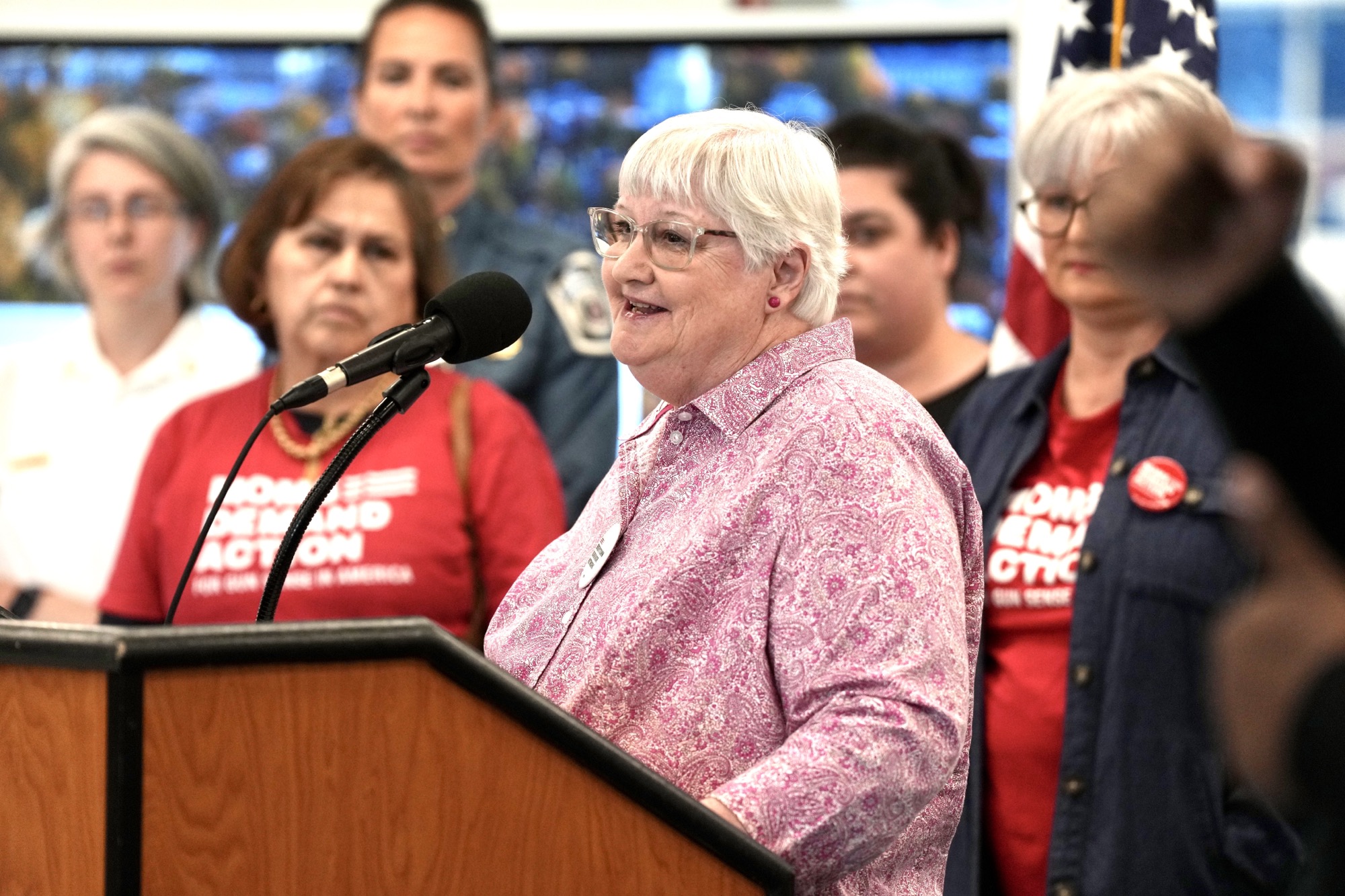 Dorothy Paugh speaks about her son, Peter, who committed suicide with a gun, during a press conference hosted by County Executive Steuart Pittman, Ann Arundel department of Health and the Ann Arundel County Public library to discuss gun safety on April 13, 2023.