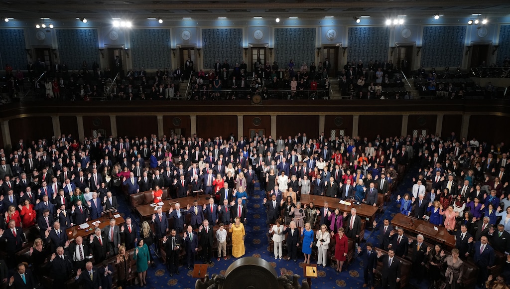 WASHINGTON, DC - JANUARY 03: U.S. Representatives of the 119th Congress are sworn-in during the first day of session in the House Chamber of the U.S. Capitol Building on January 03, 2025 in Washington, DC. Rep. Mike Johnson (R-LA) retained his Speakership in the face of opposition within his own party as the 119th Congress held its first session to vote for a new Speaker of the House.