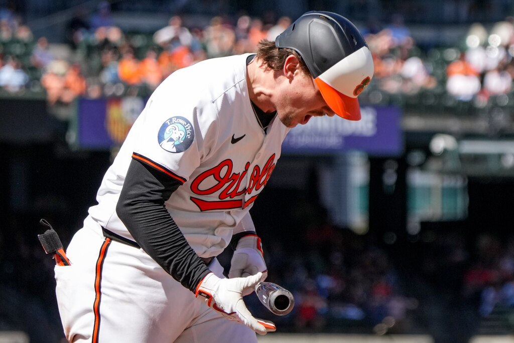 Baltimore Orioles catcher Adley Rutschman (35) shouts in frustration after striking out during a game against the Tampa Bay Rays at Camden Yards in Baltimore on September 8, 2024.