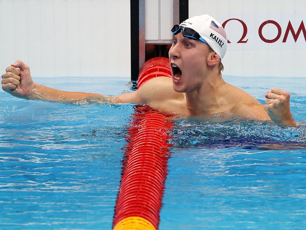 Chase Kalisz celebrates after winning the Men's 400m Individual Medley Final on day two of the Tokyo 2020 Olympic Games at Tokyo Aquatics Centre on July 25, 2021 in Tokyo, Japan.