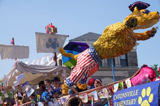 A Catonsville Elementary school float passes by at the Fourth of July Catonsville Parade on July 4, 2025.