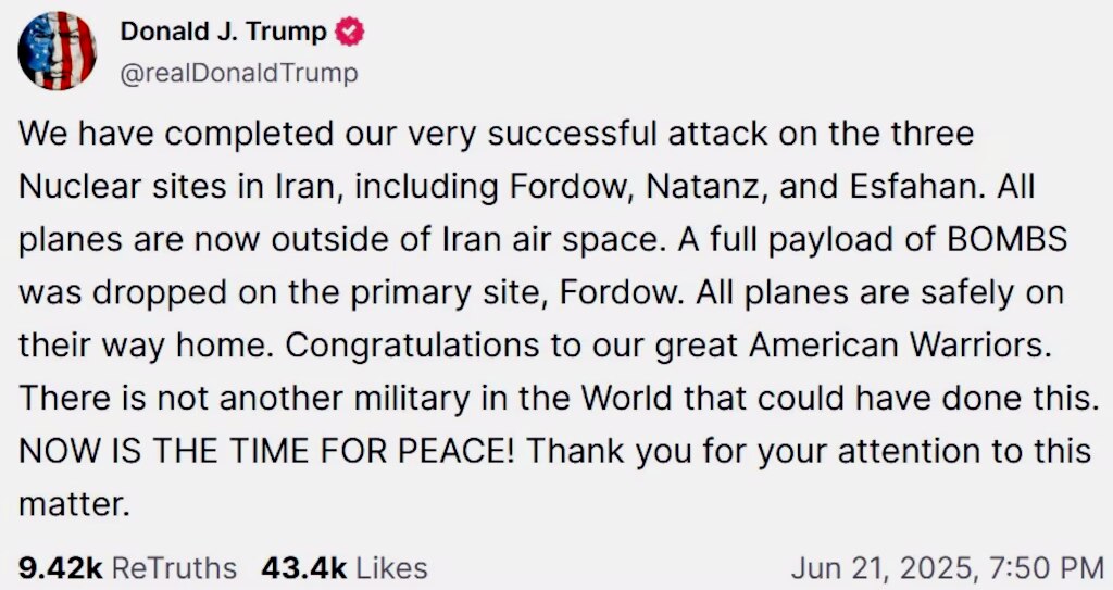 President Donald Trump announced on his social media platform on Saturday, June 21, 2025, that he sent U.S. bombers to attack Iran.