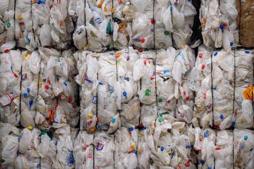 Bales of sorted plastic milk containers are stacked within the Materials Recovery Facility at the Baltimore County Central Acceptance Facility, as seen during a tour of the facility on May 23rd, 2025 in Cockeysville, MD.