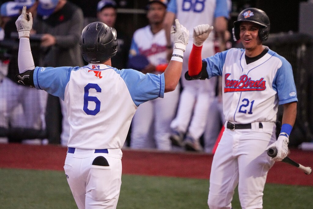 Aberdeen IronBirds outfielder Jud Fabian (6) celebrates with second baseman Frederick Bencosme (21) after homering in a game against the Hudson Valley Renegades at Leidos Field at Ripken Stadium on Tuesday, May 9. This game against the Renegades was Jackson Holliday’s home debut for the IronBirds.