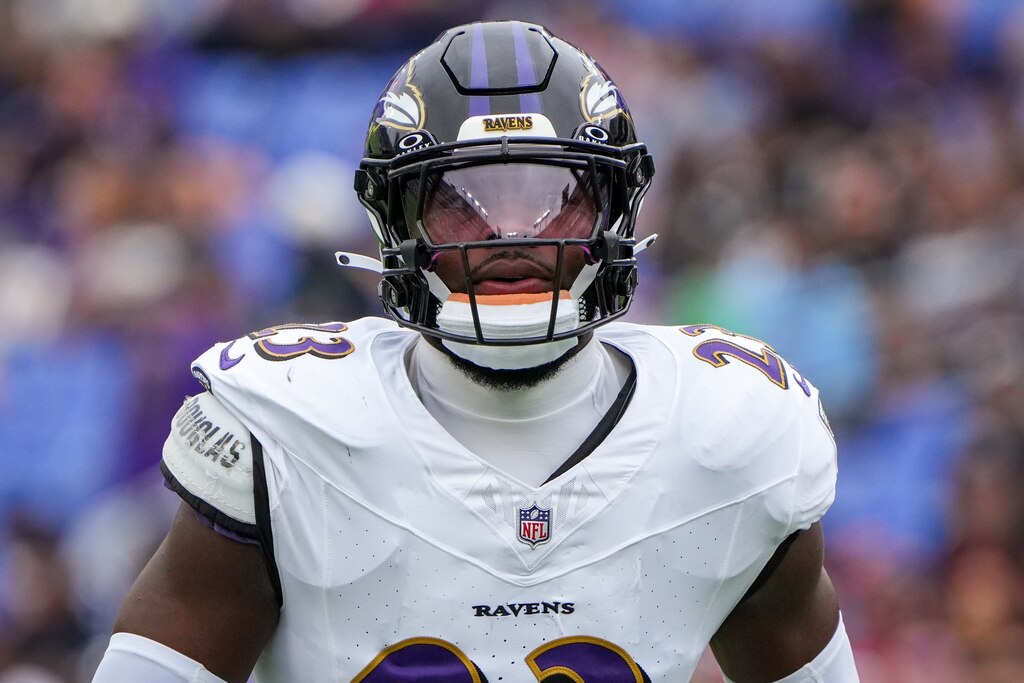Baltimore Ravens linebacker Trenton Simpson (23) locks eyes with the opposing quarterback in a preseason game against the Atlanta Falcons at M&T Bank Stadium in Baltimore on August 17, 2024.
