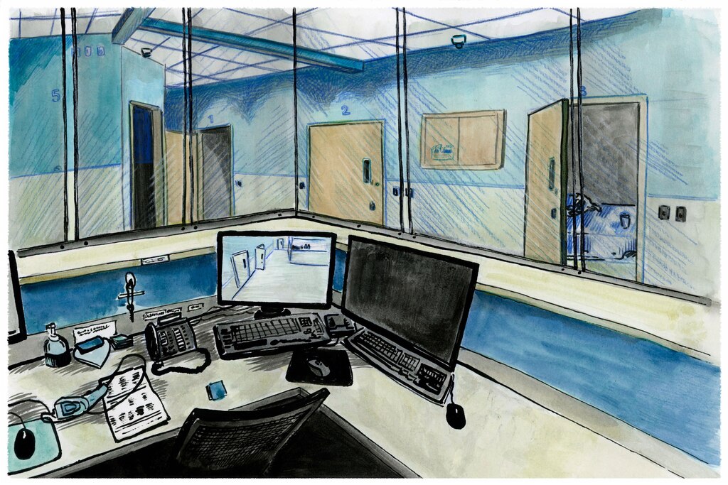 Security guards monitor the locked unit for patients inside a booth that shows on the computer screen the view from inside all the rooms and the common space.