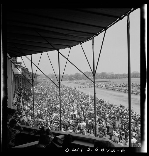 Looking from grandstand toward the track at Pimlico in May 1943.