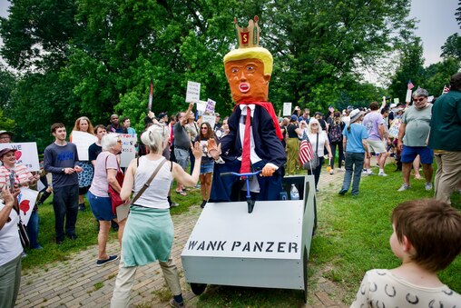 Demonstrators gather at Patterson Park in Baltimore on Saturday, June 14, 2025, for a "No Kings" protest. Dozens of similar protests were expected across the state of Maryland.