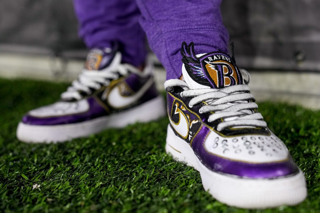Sharon Bell’s Baltimore Ravens shoes are on display at A Purple Evening, the team’s annual women’s event, at M&T Bank Stadium in Baltimore on Monday, October 14, 2024.