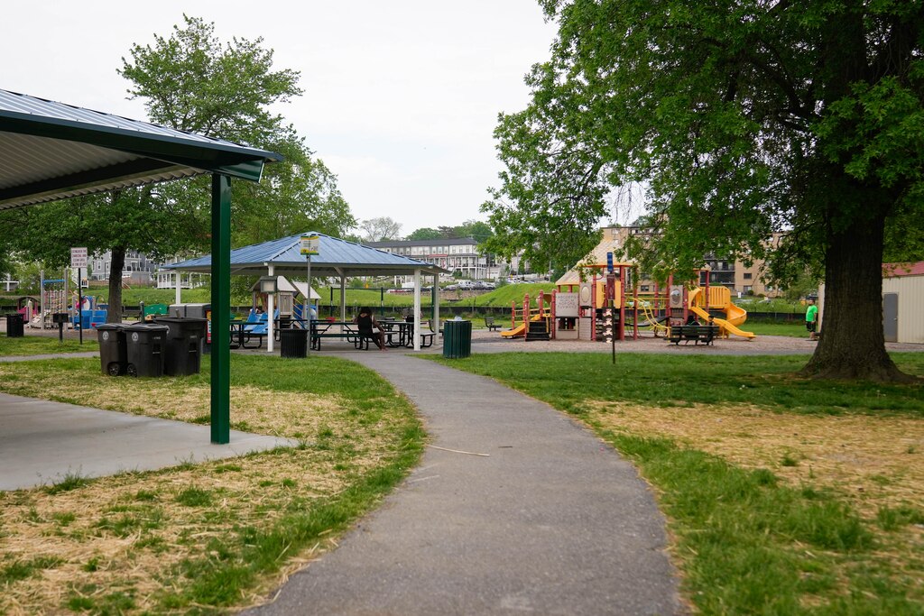 Pavilions and a playground at David Driskell Community Park in Hyattsville, Md. on Thursday, May 1, 2025.