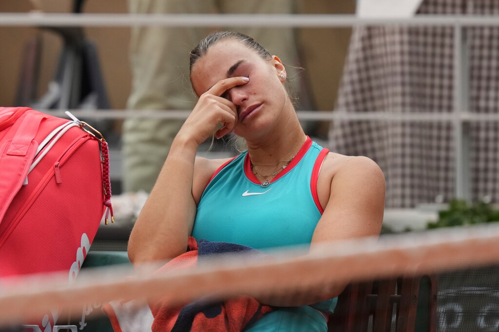 Aryna Sabalenka of Belarus stis after losing the final match of the French Tennis Open at the Roland-Garros against United States' Coco Gauff in Paris, Saturday, June 7, 2025. (AP Photo/Thibault Camus)