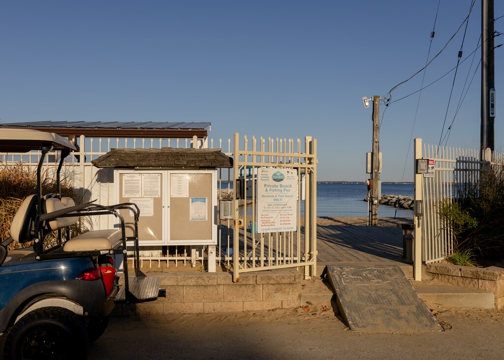 The entrance to the Oyster Harbor Private Beach & Fishing Pier on Oct. 11, 2024. Oyster Harbor is a private community in Annapolis, Md.
