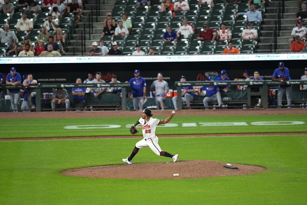 Baltimore Orioles pitcher Gregory Soto (65) pitches during the ninth inning against the Texas Rangers at Orioles Park at Camden Yards in Baltimore, Md. on June 24, 2025.