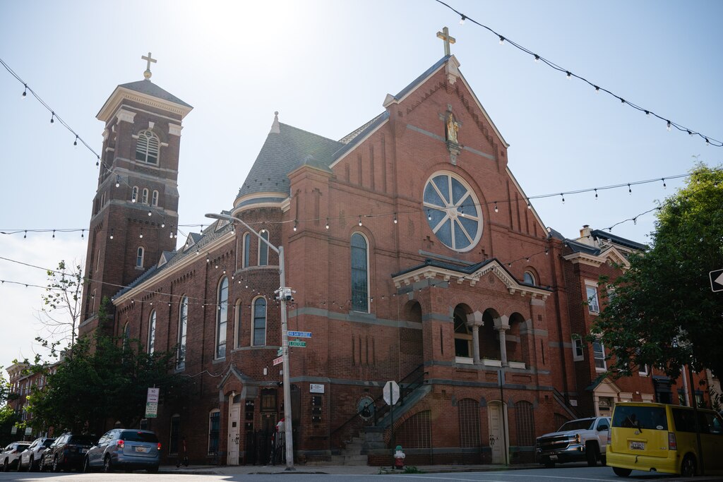 Exterior of St. Leo the Great Roman Catholic Church as seen in the Little Italy Neighborhood of Baltimore, MD on June 22, 2025.