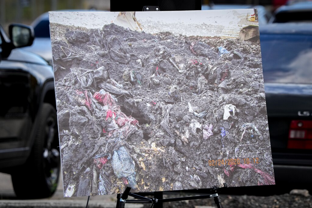Documented evidence of special medical waste being improperly treated is on display as Maryland Attorney General Anthony Brown addresses reporters at a press conference outside of Curtis Bay Energy on Tuesday, October 17, 2023.
