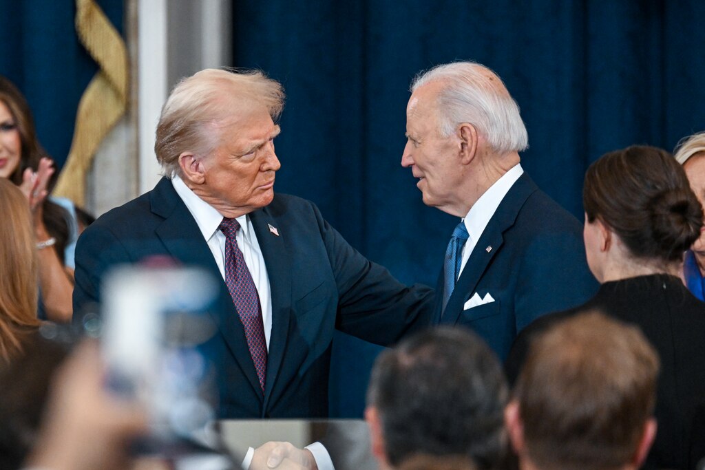WASHINGTON, DC - JANUARY 20: U.S. President-elect Donald Trump shakes hands with U.S. President Joe Biden at Trump's inauguration in the U.S. Capitol Rotunda on January 20, 2025 in Washington, DC. Donald Trump takes office for his second term as the 47th President of the United States. (Photo by Kenny Holston-Pool/Getty Images)
