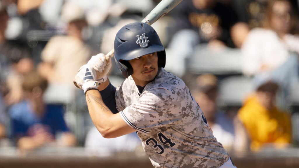 UC Irvine's Colin Yeaman (34) bats during an NCAA baseball game on Sunday against Long Beach State, March 9, 2025, in Irvine, Calif. (AP Photo/Kyusung Gong)