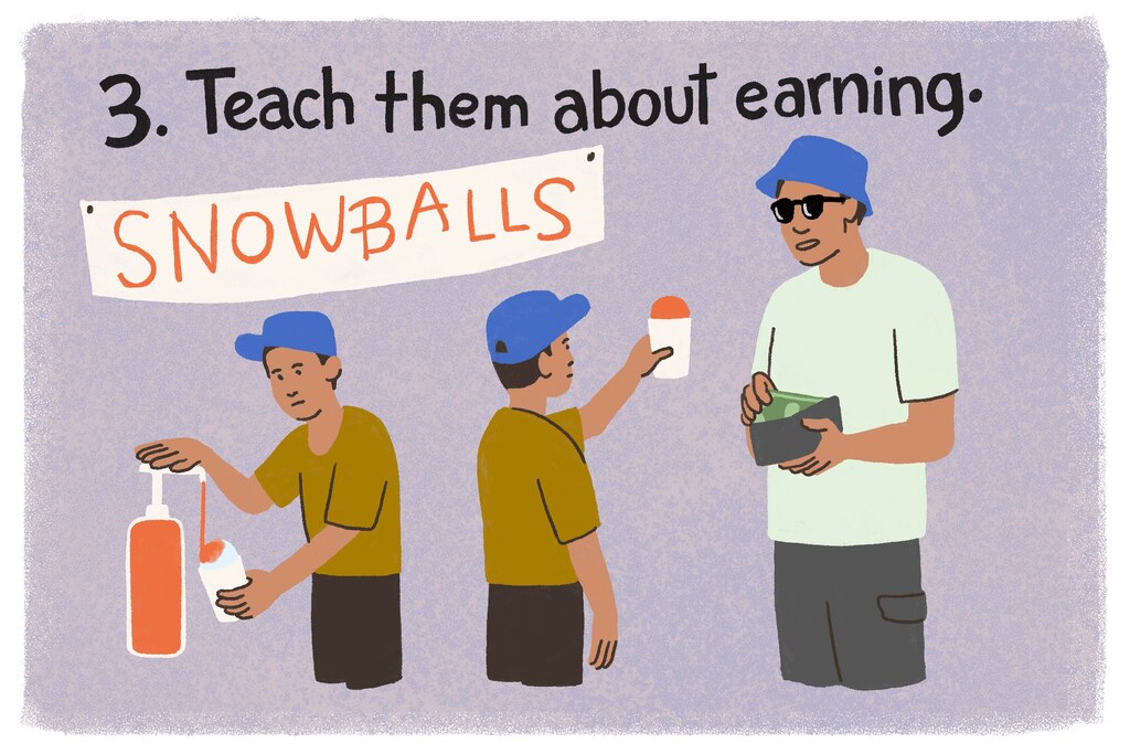 Boy sells a snowball to a customer who pays in cash