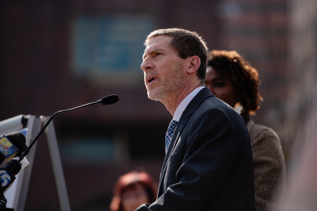 David Lapp, People’s Counsel, speaks during a press conference addressing rising BGE costs and legislation aimed at lower heating costs and improving public safety outside of Baltimore City Hall on February 4, 2025 in Baltimore, MD.