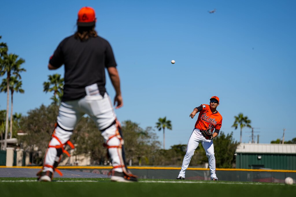 Baltimore Orioles pitcher Tomoyuki Sugano (19) throws to a teammate during Spring Training at Ed Smith Stadium in Sarasota, Fl. on Monday, February 17, 2025.