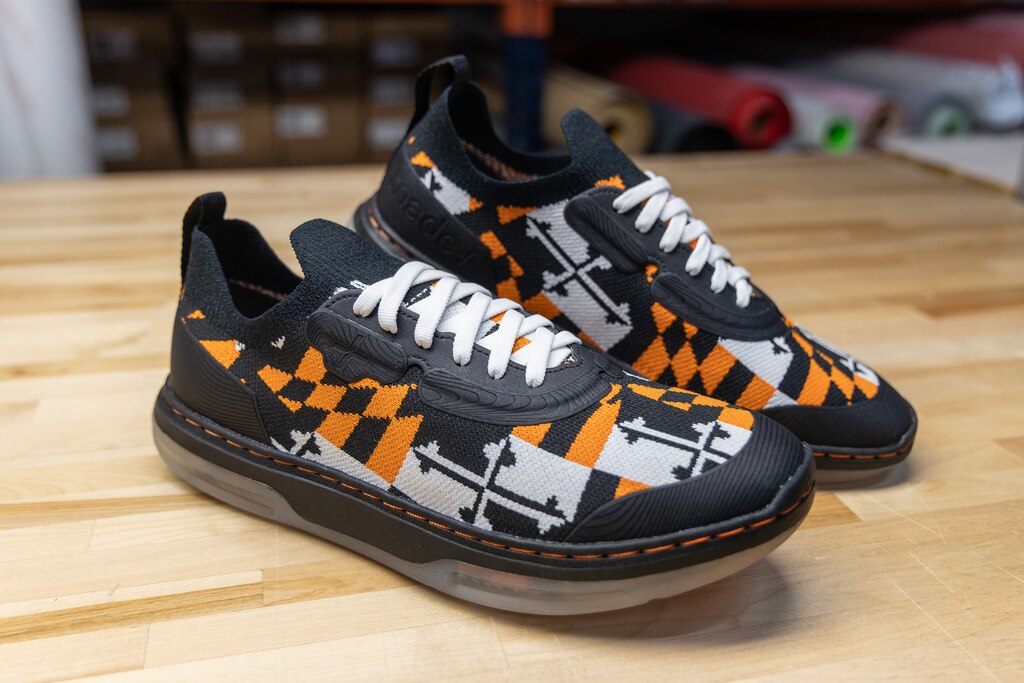 A pair of finished shoes in the Made Plus factory Annapolis, MD on June 25, 2025.