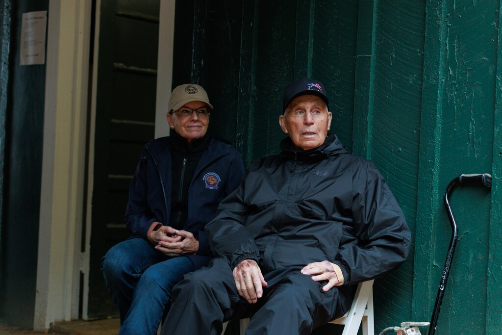 American Promise trainer D. Wayne Lukas with his wife Laura Pinelli sit inside the stables at Pimlico Race Course in Baltimore, MD on May 14, 2025 ahead of the 150th Preakness Stakes.