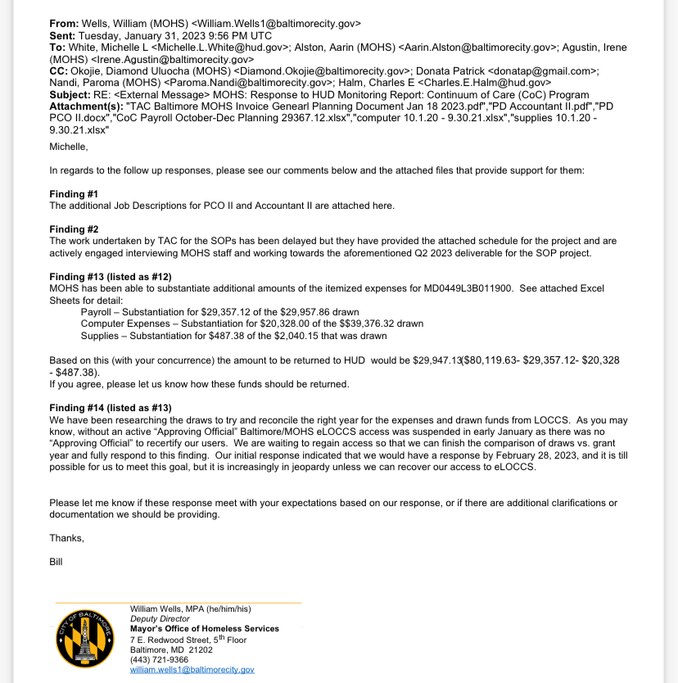 Email from William Wells, Deputy Director of the Mayor's Office of Homeless Services.