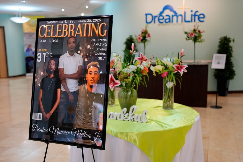 A memorial poster for Dontae Melton Jr. is set up in the entrance lobby for his funeral at DreamLife Worship Center in Randallstown, Md. on Saturday, July 12, 2025. The 31-year-old died in police custody in June, just one day after his mother had attempted to file an emergency petition in court out of concern for his mental health.