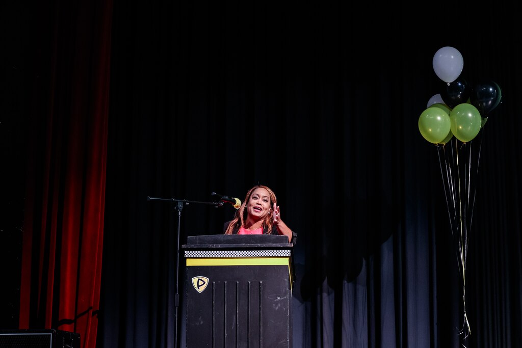 BALTIMORE, MD - May 28, 2025: Kim Ross, a District 8, Baltimore County Delegate, presents scholarship awards to seniors of Parkville High School at the senior award ceremony on May 28, 2025.