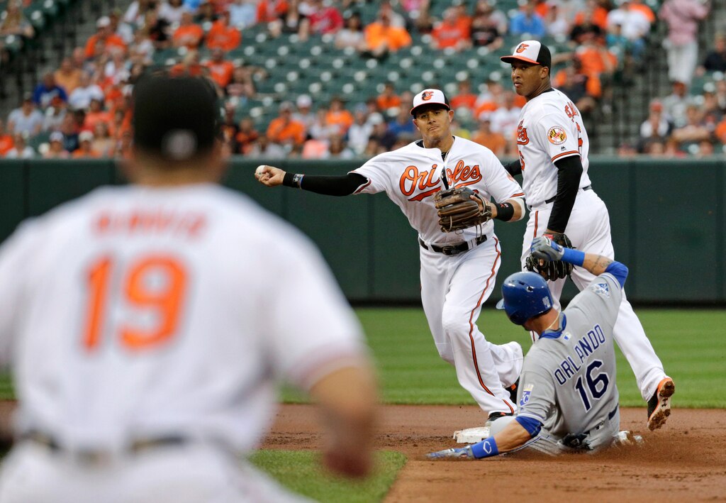Baltimore Orioles shortstop Manny Machado, center, throws to first baseman Chris Davis (19) for a double play after forcing out Kansas City Royals' Paulo Orlando (16) on Jarrod Dyson's ground ball in the second inning of a baseball game in Baltimore, Monday, June 6, 2016. Also pictured is Orioles second baseman Jonathan Schoop, back right.