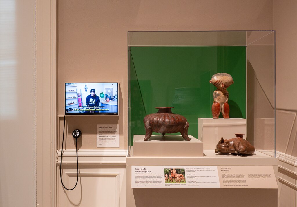A video of Jinji Chocolate owner Jinji Fraser discussing cacao plays inside the Walters Art Museum’s new “Latin American Art / Arte Latinoamericano” exhibit.