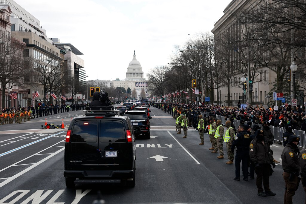 WASHINGTON, DC - JANUARY 20: The motorcade heads to the U.S. Capitol for the inauguration of U.S. President-elect Donald Trump on January 20, 2025 in Washington, DC. Donald Trump takes office for his second term as the 47th president of the United States.