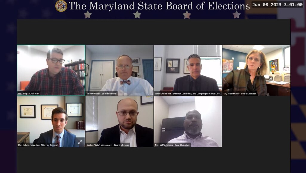 The Maryland State Board of Elections holds a video meeting to select Jared DeMarinis as the new state administrator of elections on Thursday, June 8, 2023.