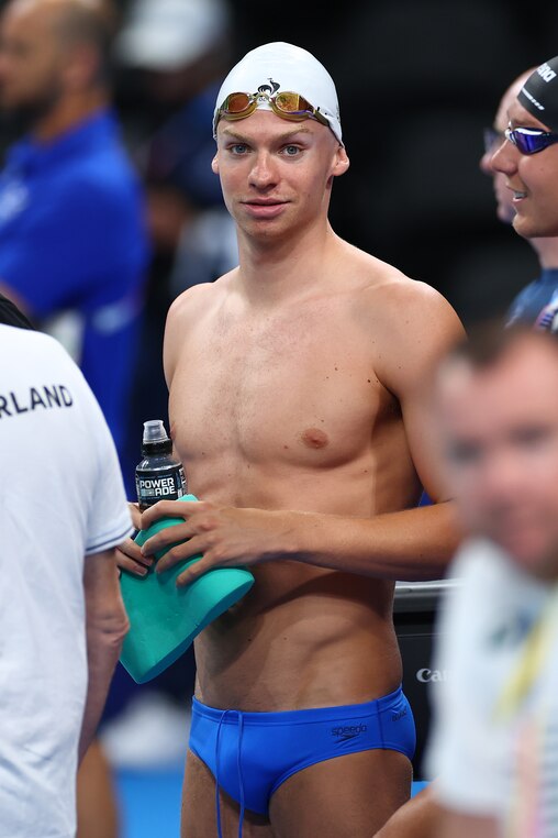 PARIS, FRANCE - JULY 24: Leon Marchand of Team France looks on during a Swimming training session ahead of the Paris 2024 Olympic Games at Paris La Defense Arena on July 24, 2024 in Paris, France. (Photo by Sarah Stier/Getty Images)
