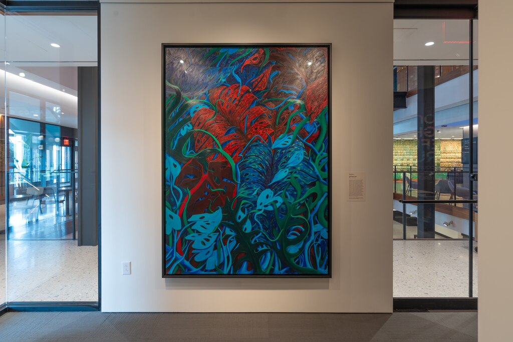 Phaan Howng’s “Monstera Mash,” a 7-foot-tall acrylic painting on stretched linen, is displayed near the entrance of the “Strong, Bright, Useful & True“ exhibit at the Frary Gallery in Washington D.C.