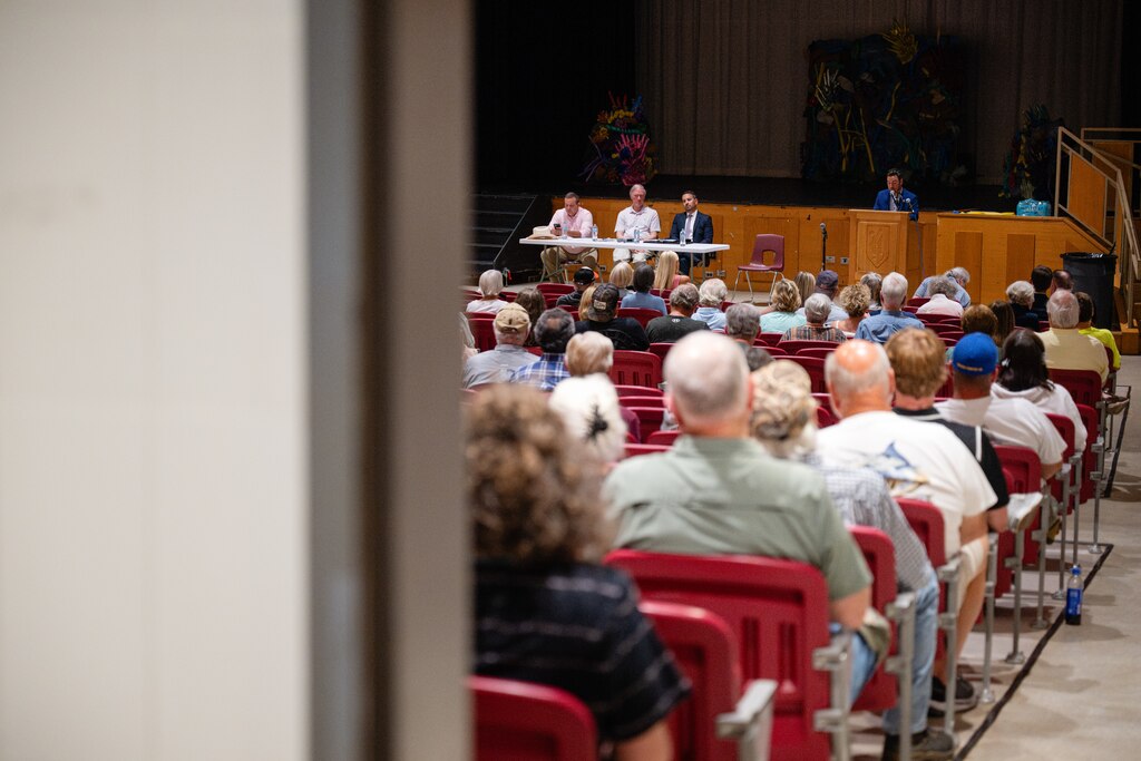 Maryland State Delegate Nino Mangione speaks during a town hall meeting updating constituents on the Maryland Piedmont Reliability Project at Hereford High School on July 16th, 2025 in Parkton, MD.
