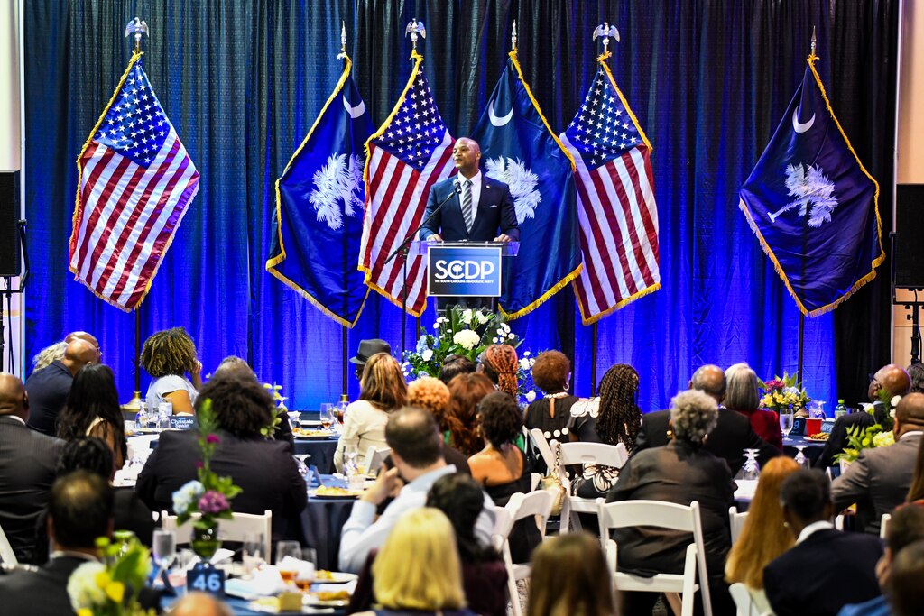 Maryland Gov. Wes Moore speaks at the South Carolina Democratic Party's Blue Palmetto Dinner in Columbia, S.C. on Friday, May 30, 2025.