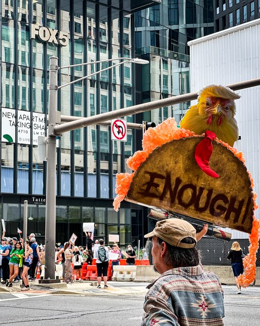 A crowd of thousands gathered in downtown Bethesda along Wisconsin Avenue on Saturday, June 41, 2025, as part of the national “No Kings” protests.