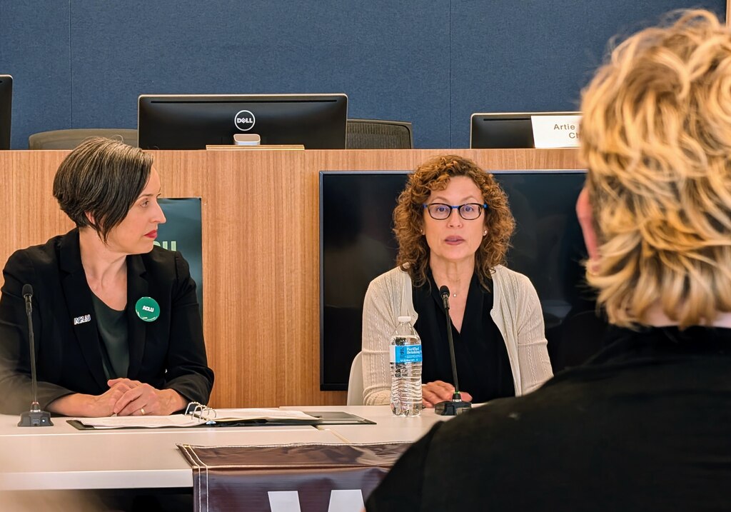 FCC Commissioner Anna M. Gomez, center, talks about threats to the First Amendment under President Donald Trump during an ACLU town hall on June 8, 2025 in Wheaton. She was joined by ACLU chief advocacy officer Deirdre Schifeling and Arthur Ewenczyk, an aide to U.S. Rep. Jamie Raskin.