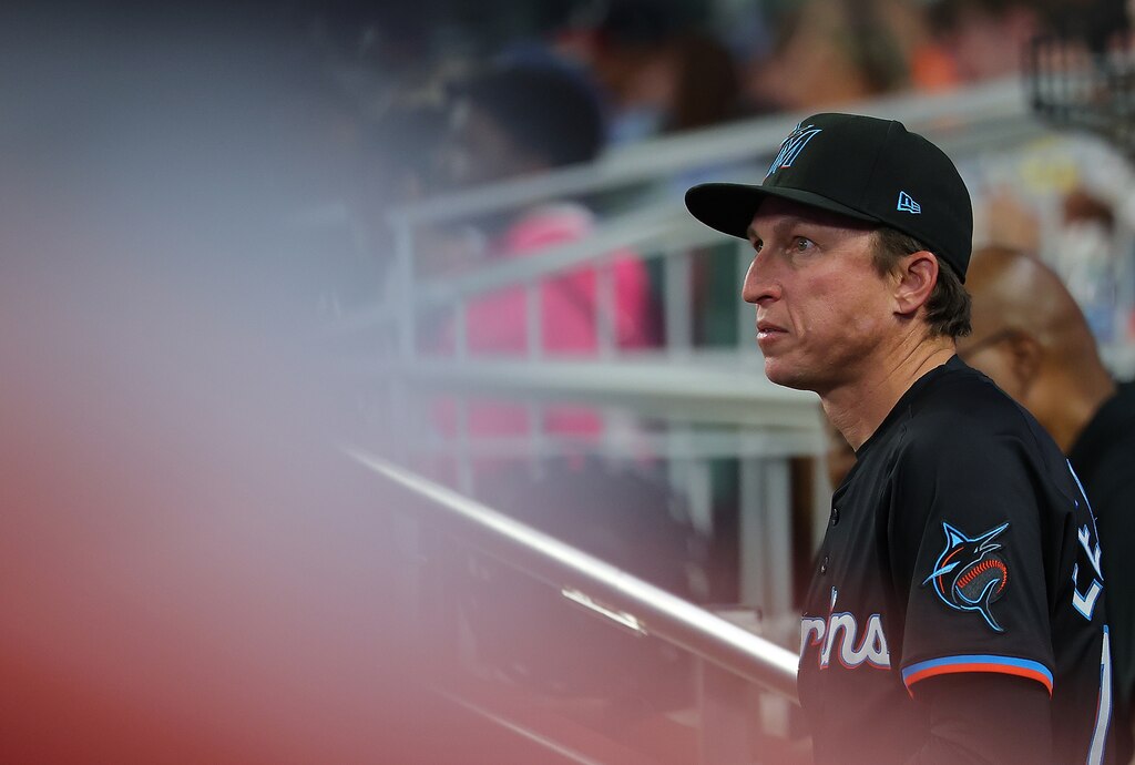 ATLANTA, GEORGIA - APRIL 04: Aaron Leanhardt #72 of the Miami Marlins, the inventor of the “Torpedo" bat, looks on in the fifth inning against the Atlanta Braves at Truist Park on April 04, 2025 in Atlanta, Georgia.