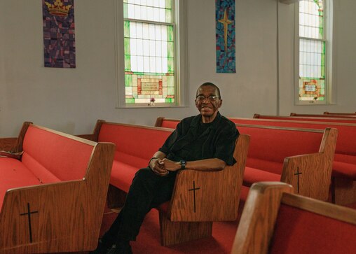 Pastor Emanuel Johnson inside the Shiloh United Methodist Church in Crisfield, MD on April 26, 2025.